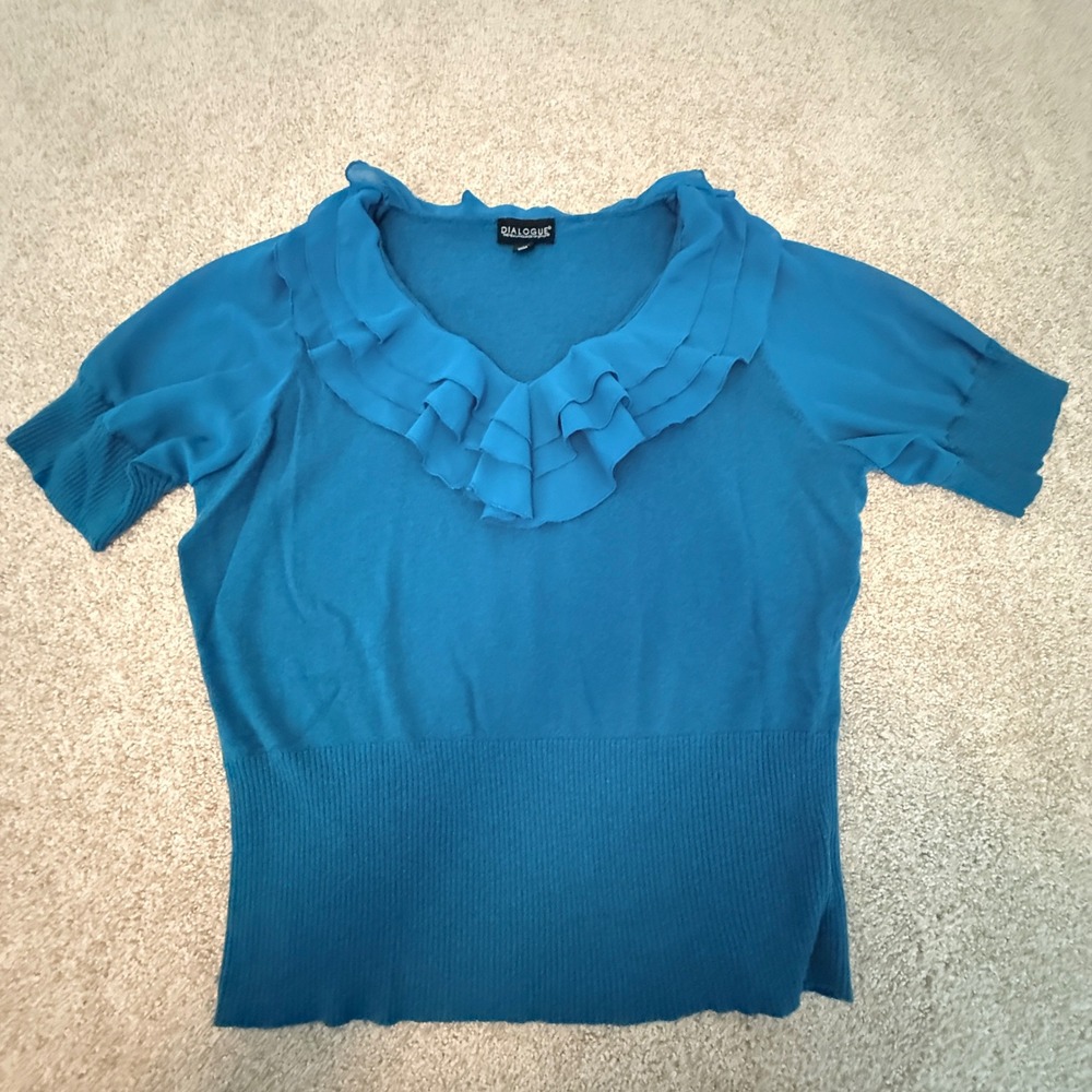 Dialogue Ruffle Neck Knit Top Women 1X Teal Blue Short Sleeve Ribbed Hem Sweater